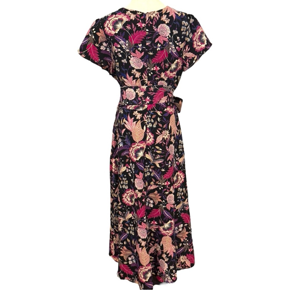 Tahari ASL Floral Belted Midi Dress Size 12 Black Pink Purple Boho Wrap V-Neck - Picture 5 of 8